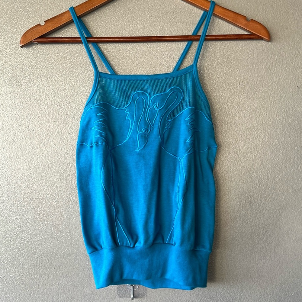 Vintage Embroidered Flamingo Crop Halter with Mesh Detail
